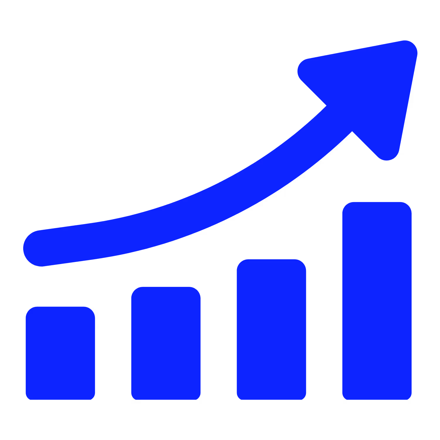 Graphique à barres bleu avec une flèche pointant vers le haut à droite indiquant une croissance.