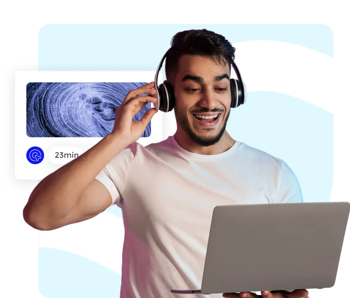 un homme devant son ordinateur avec un casque de musique